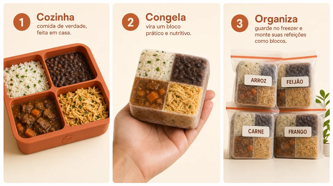 Cozinha, congela e organiza: a comida vira blocos prontos no freezer