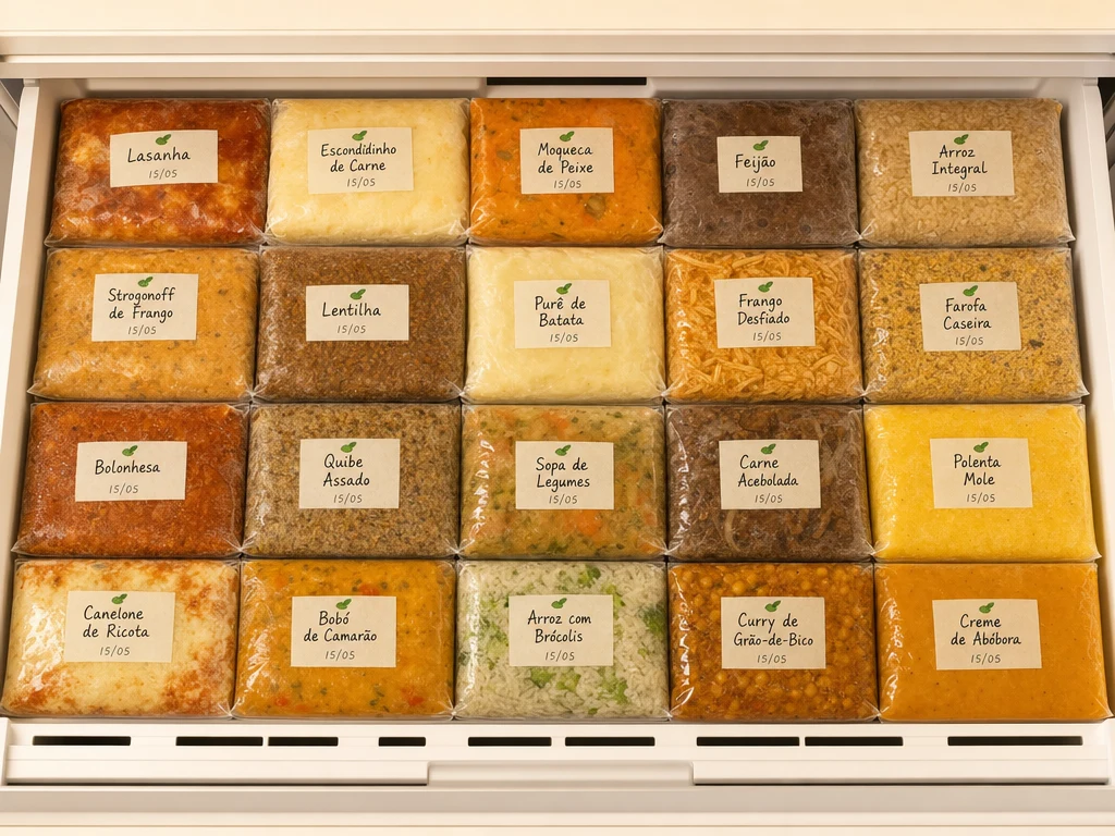 Gaveta do freezer com a grade de cápsulas etiquetadas
