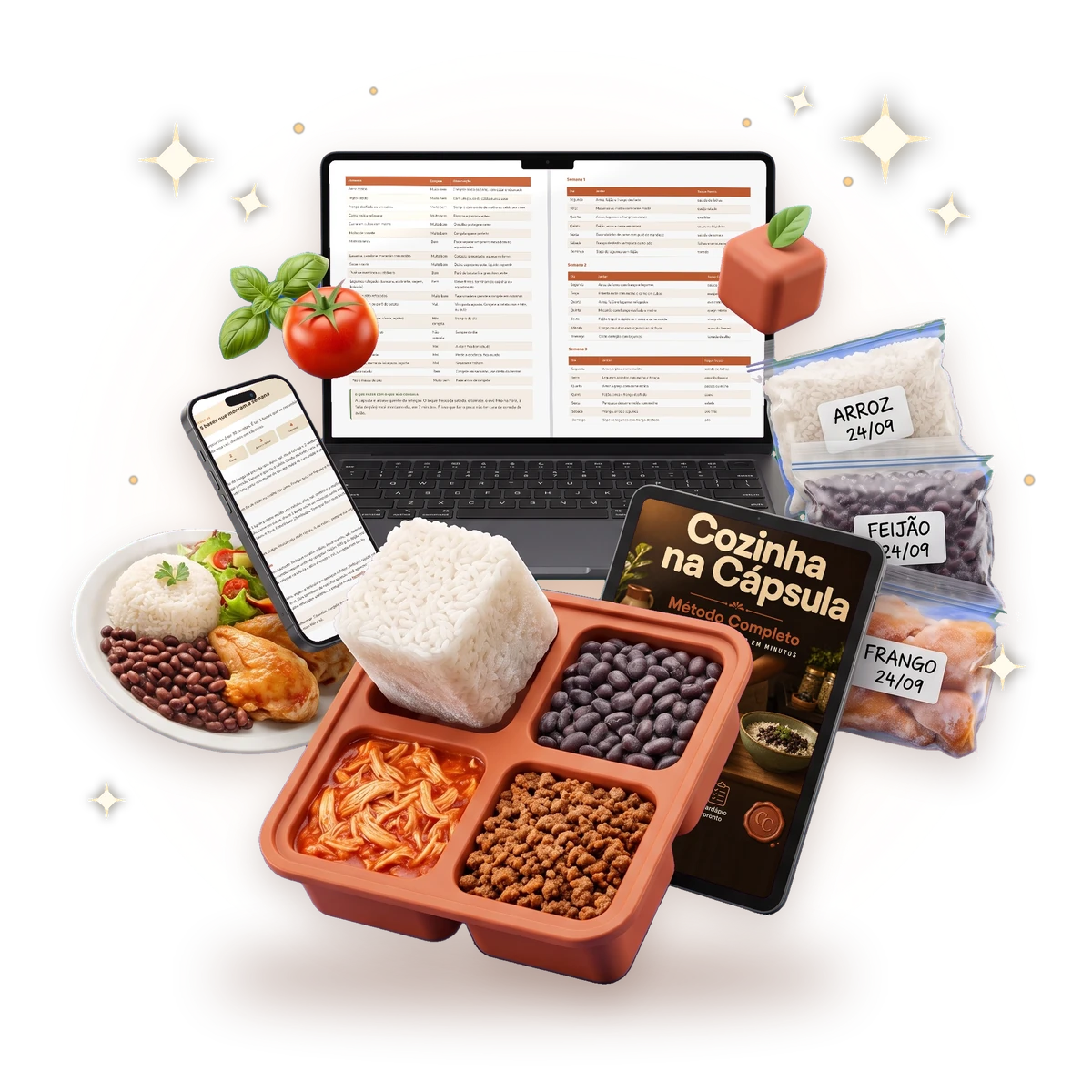 Forma de silicone com blocos de comida congelada, sacos etiquetados, prato pronto e o método aberto no celular, tablet e notebook