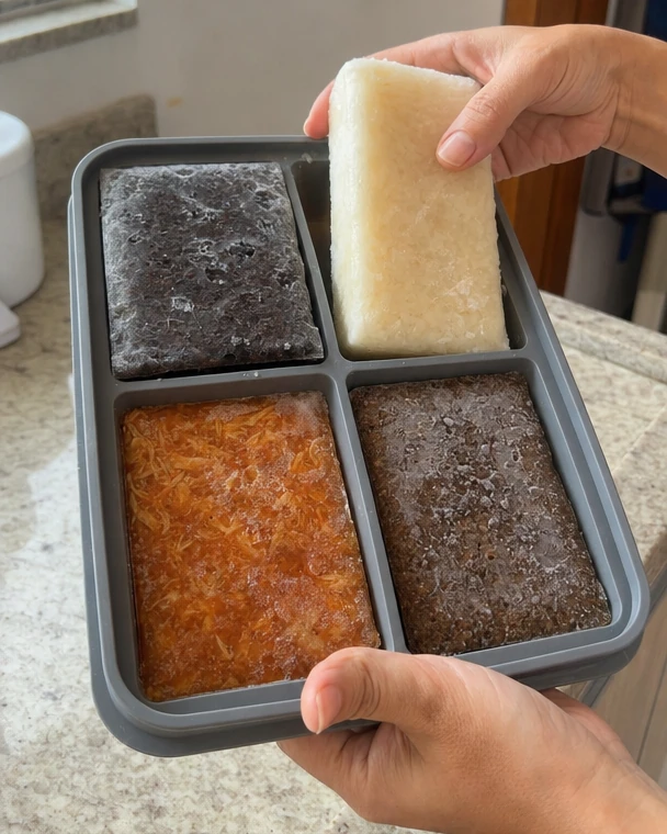 Forma de silicone com quatro blocos congelados e a mão tirando o de arroz
