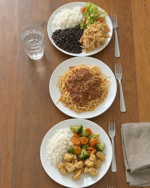 Três pratos prontos: arroz, feijão e frango, macarrão à bolonhesa, arroz com legumes e frango